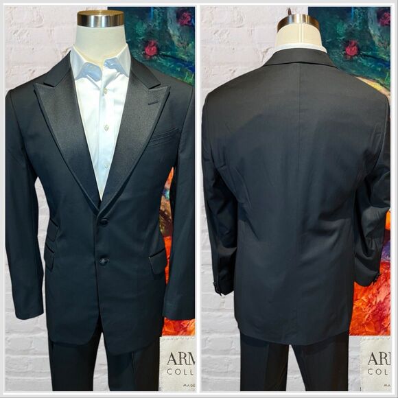 Armani Collezioni 44L 38x31 Black Tuxedo Designer 2-Piece Suit Set Tux - Picture 7 of 16